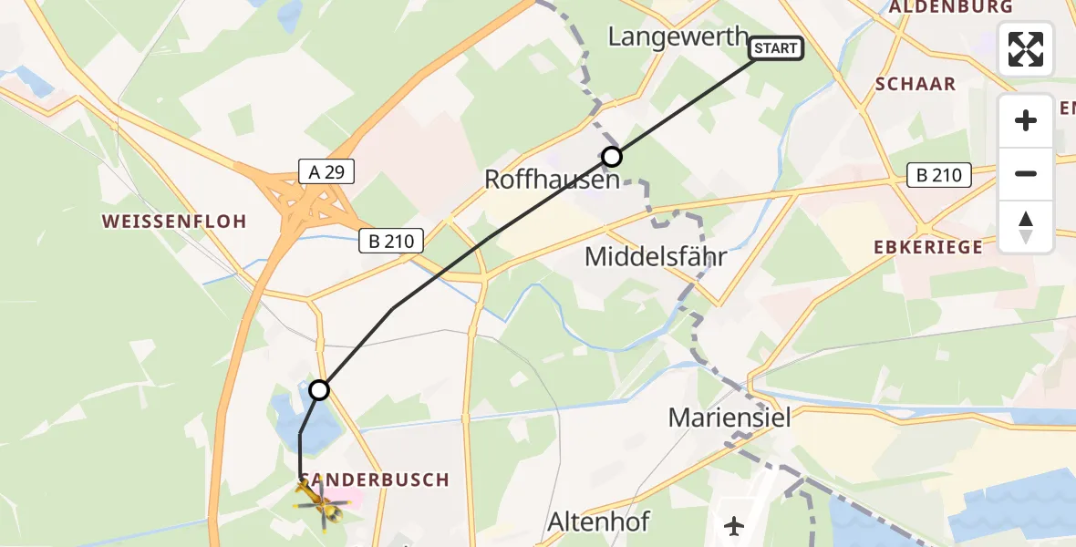 Flugroute Rettungshubschrauber Wilhelmshaven - Sande, 08 April 2026, 22:31