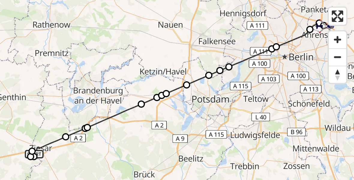 Flugroute Polizeihubschrauber Ziesar - Ahrensfelde Hubschrauberlandeplatz, 08 April 2026, 22:59