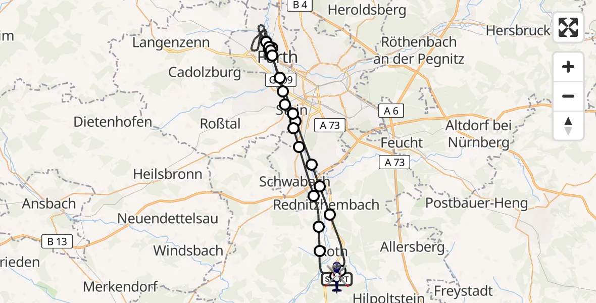 Flugroute Polizeihubschrauber Flugplatz Roth - Flugplatz Roth, 08 April 2026, 23:22