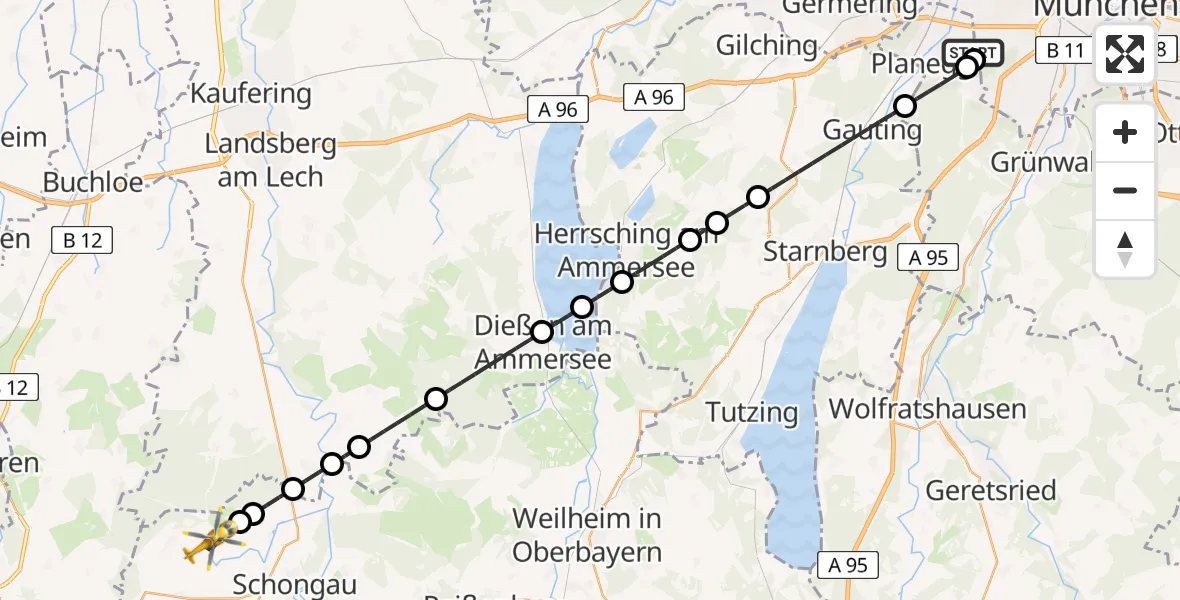 Flugroute Rettungshubschrauber DRF Air Rescue München Hubschrauberlandeplatz - Schwabsoien, 08 April 2026, 23:31