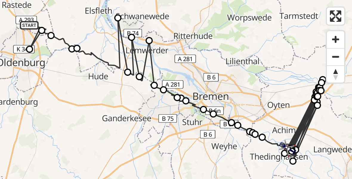 Flugroute Polizeihubschrauber Rastede - Thedinghausen, 08 April 2026, 23:52