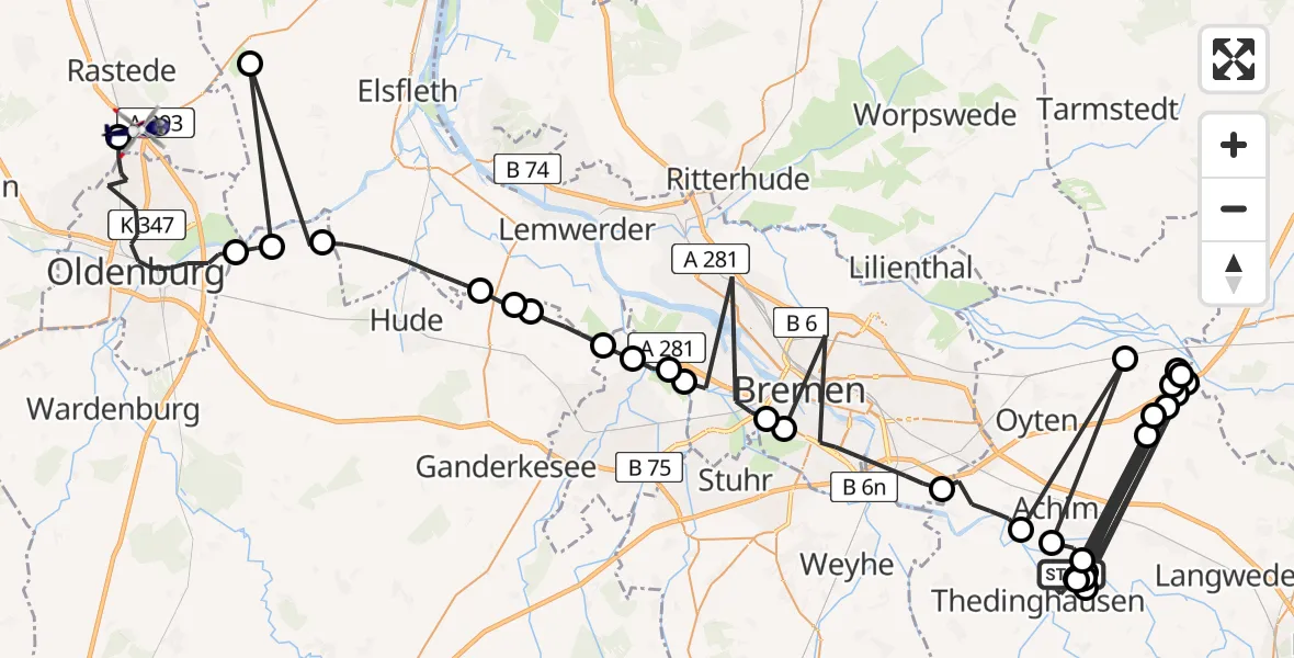 Flugroute Polizeihubschrauber Thedinghausen - Oldenburg Police Hubschrauberlandeplatz, 09 April 2026, 00:51