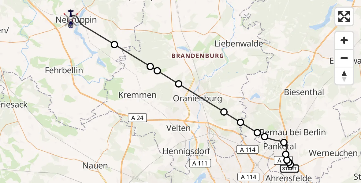 Flugroute Polizeihubschrauber Ahrensfelde Hubschrauberlandeplatz - Neuruppin, 09 April 2026, 00:59