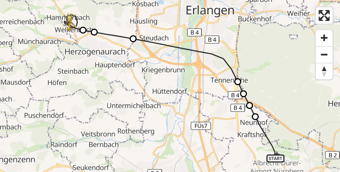 Flugroute Ambulanzhubschrauber Flughafen Nuremberg - Herzogenaurach, 09 April 2026, 03:29