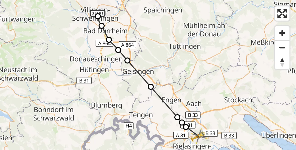 Flugroute Rettungshubschrauber DRF Air Rescue Station Villingen-Schwenningen Hubschrauberlandeplatz (Christoph 11) - Singen (Hohentwiel), 09 April 2026, 03:39