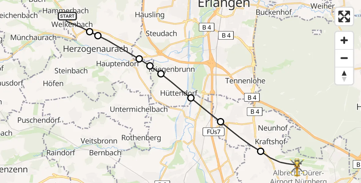 Flugroute Ambulanzhubschrauber Herzogenaurach - Flughafen Nuremberg, 09 April 2026, 04:08