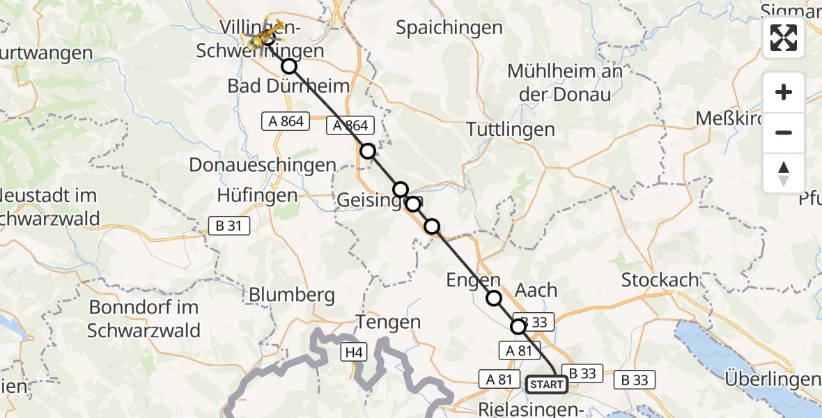 Flugroute Rettungshubschrauber Singen (Hohentwiel) - DRF Air Rescue Station Villingen-Schwenningen Hubschrauberlandeplatz (Christoph 11), 09 April 2026, 04:12