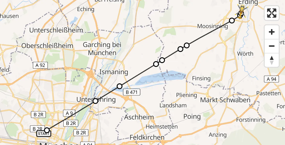 Flugroute Rettungshubschrauber Deutsches Herzzentrum München - Erding District Hospital, 09 April 2026, 04:42