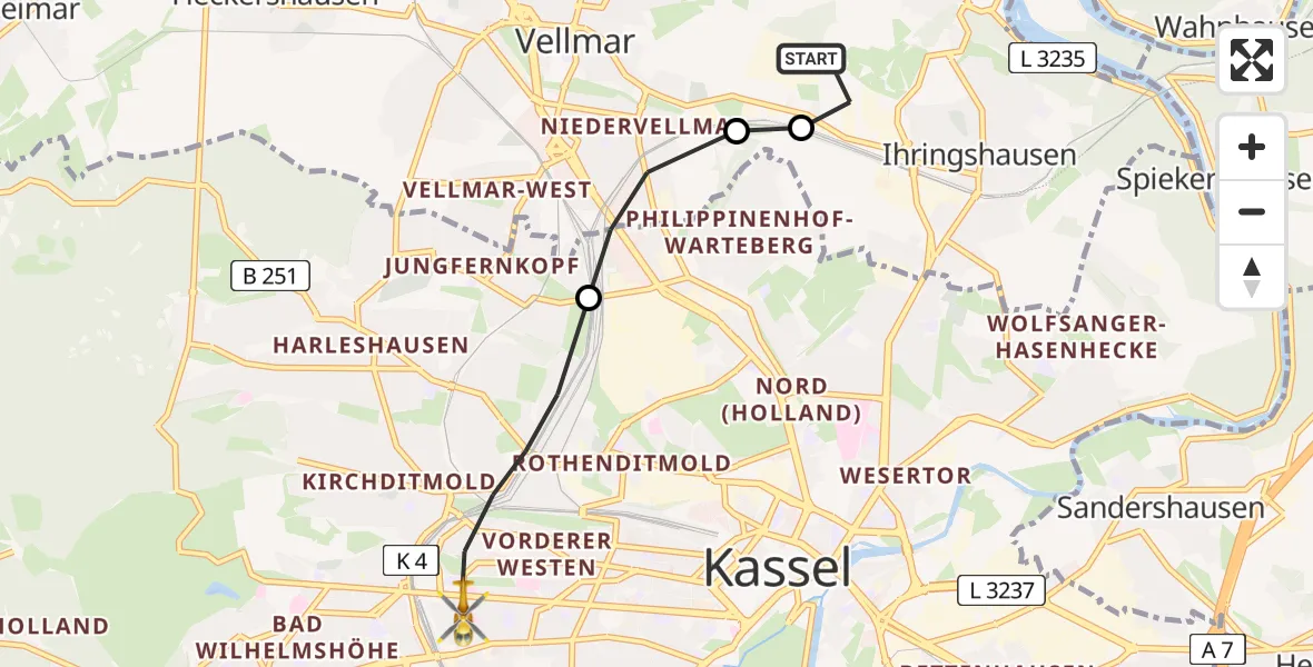 Flugroute Rettungshubschrauber Fuldatal Bundespolizei Hubschrauberlandeplatz - Kassel, 09 April 2026, 05:00