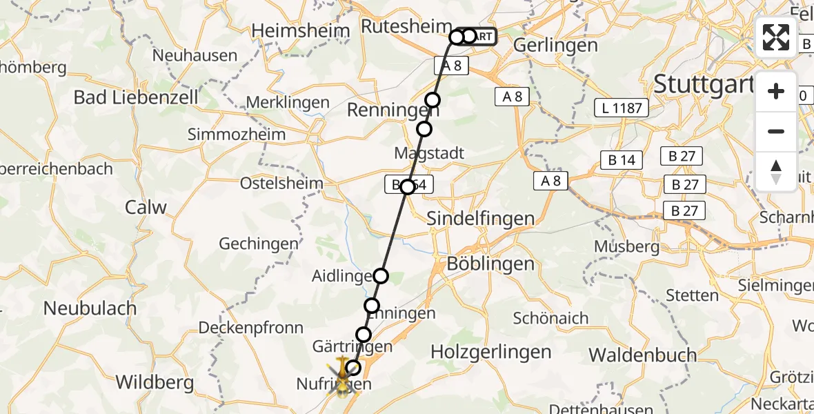 Flugroute Rettungshubschrauber Leonberg Hospital - Nufringen, 09 April 2026, 05:06