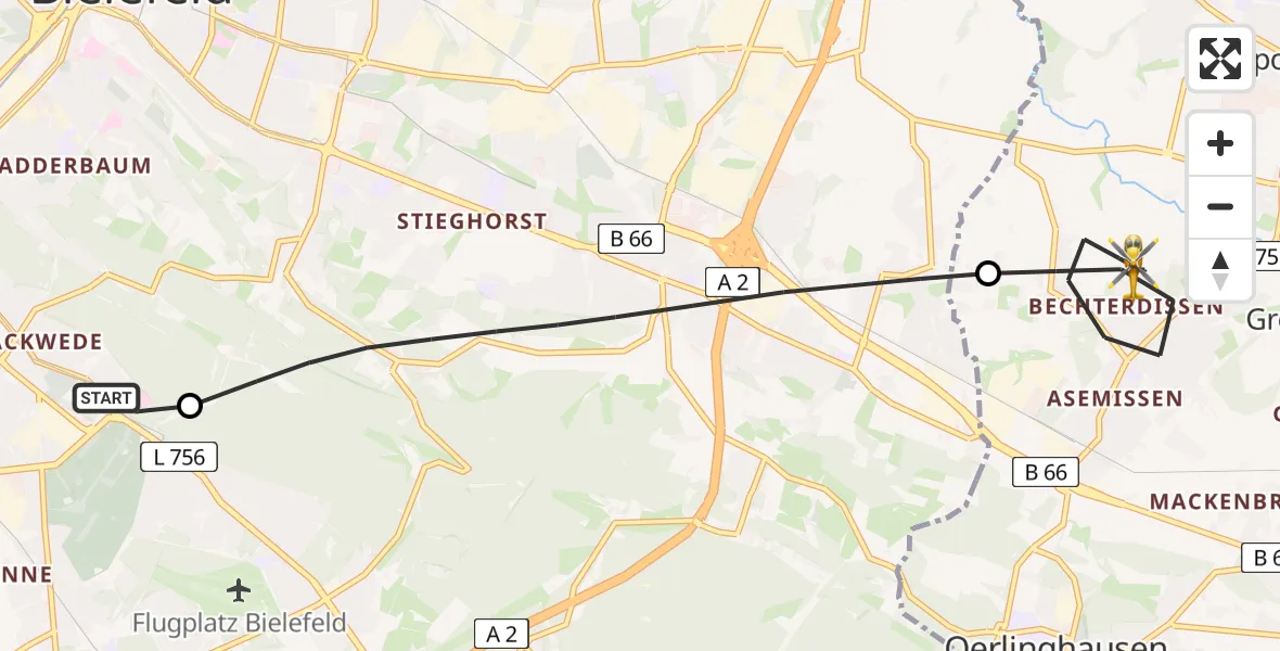 Flugroute Rettungshubschrauber Luftrettungszentrum Bielefeld - Leopoldshöhe, 09 April 2026, 05:07