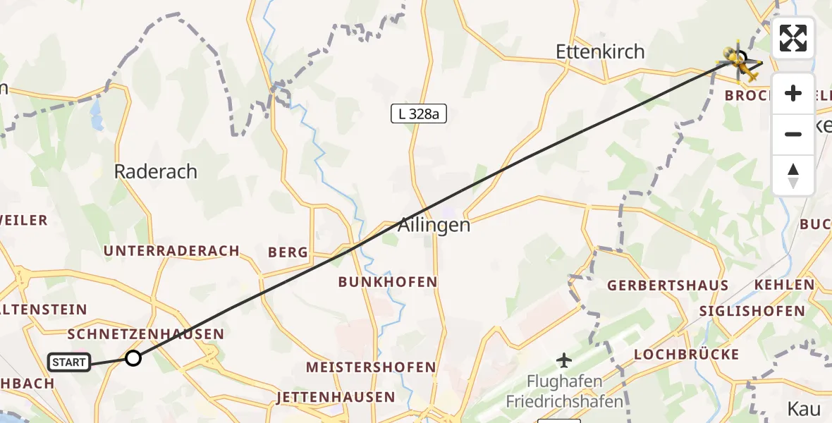 Flugroute Rettungshubschrauber Friedrichshafen Hospital - Meckenbeuren, 09 April 2026, 05:36