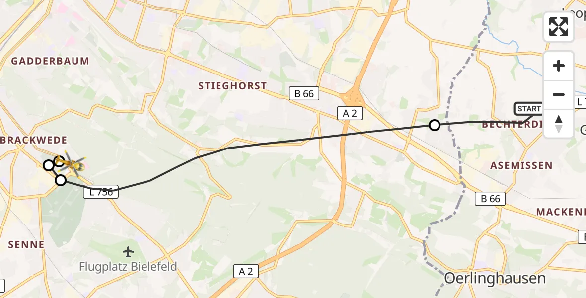 Flugroute Rettungshubschrauber Leopoldshöhe - Luftrettungszentrum Bielefeld, 09 April 2026, 05:41