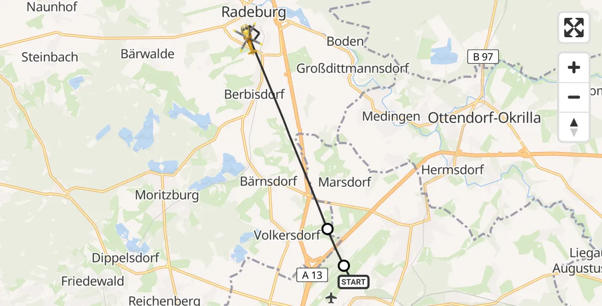 Flugroute Rettungshubschrauber Dresden Bundespolizei Hubschrauberlandeplatz - Radeburg, 09 April 2026, 05:41