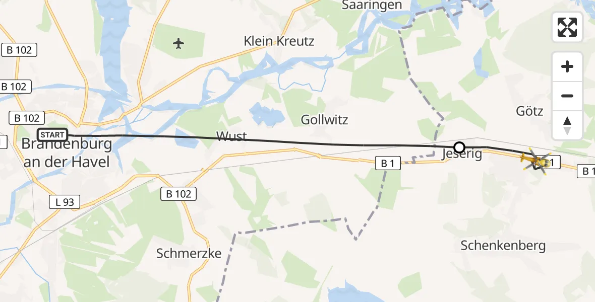 Flugroute Rettungshubschrauber Brandenburg an der Havel - Groß Kreutz (Havel), 09 April 2026, 05:43