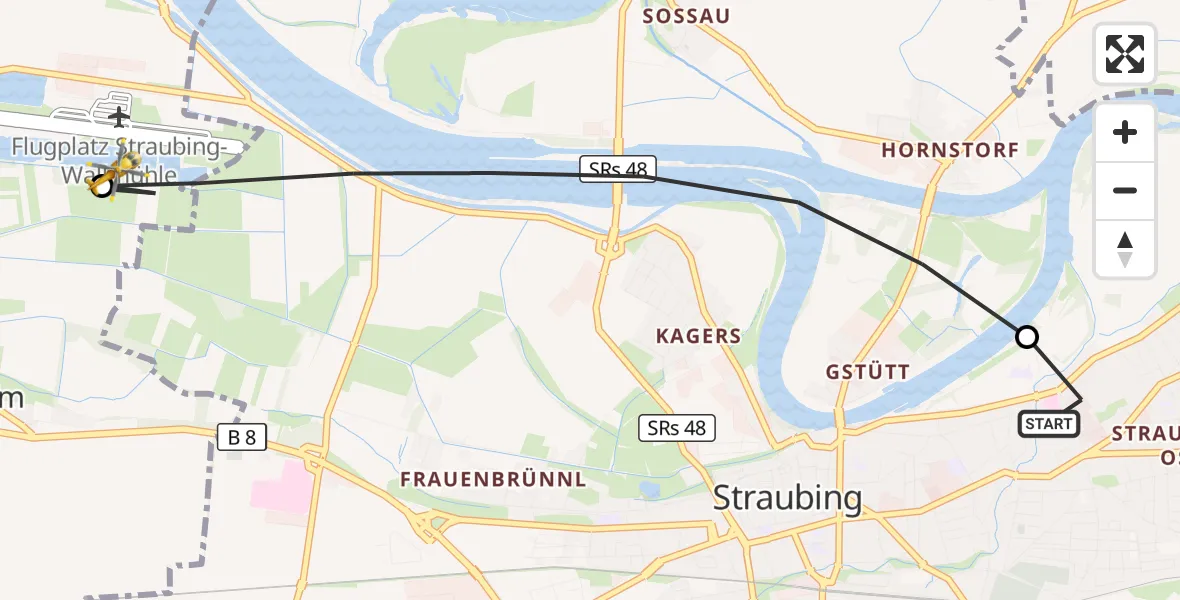 Flugroute Rettungshubschrauber Sankt Elisabeth Hospital Straubing - Straubing Flughafen, 09 April 2026, 05:56