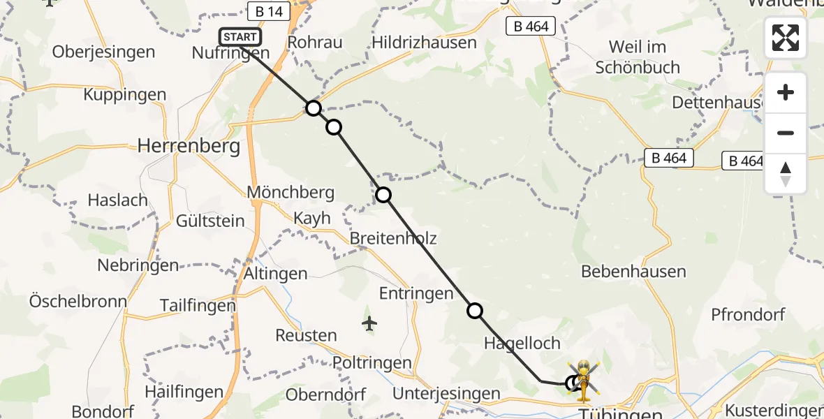Flugroute Rettungshubschrauber Nufringen - Tübingen University Hospital, 09 April 2026, 06:03