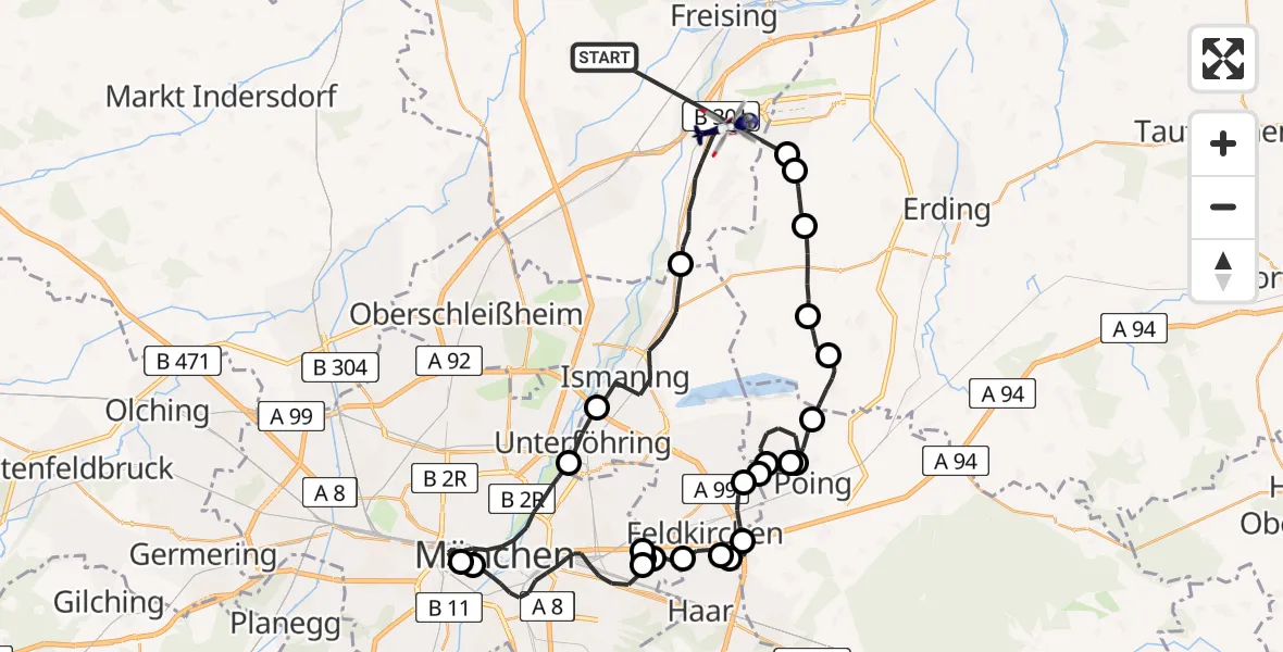 Flugroute Polizeihubschrauber Freising - Hallbergmoos, 09 April 2026, 06:16