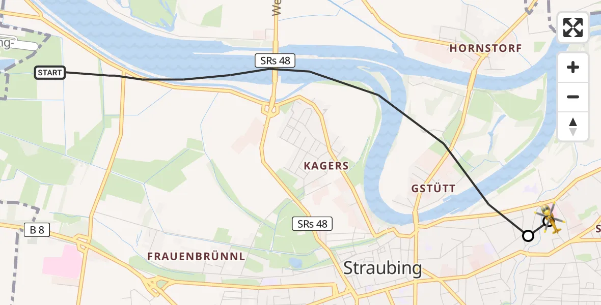 Flugroute Rettungshubschrauber Straubing - Sankt Elisabeth Hospital Straubing, 09 April 2026, 06:17
