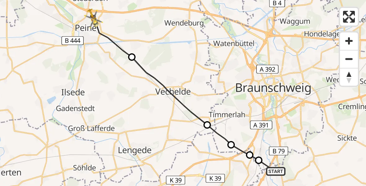 Flugroute Rettungshubschrauber Wolfenbüttel - Peine, 09 April 2026, 06:18
