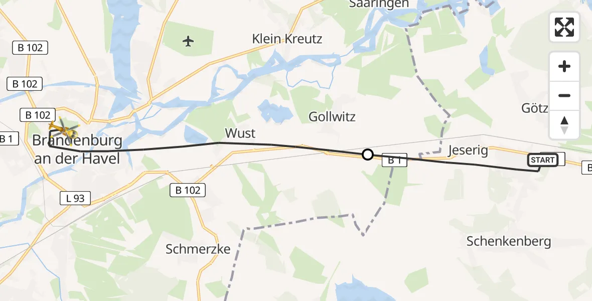 Flugroute Rettungshubschrauber Groß Kreutz (Havel) - Brandenburg an der Havel, 09 April 2026, 06:26