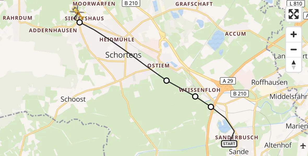 Flugroute Rettungshubschrauber Sande - Jever, 09 April 2026, 06:30