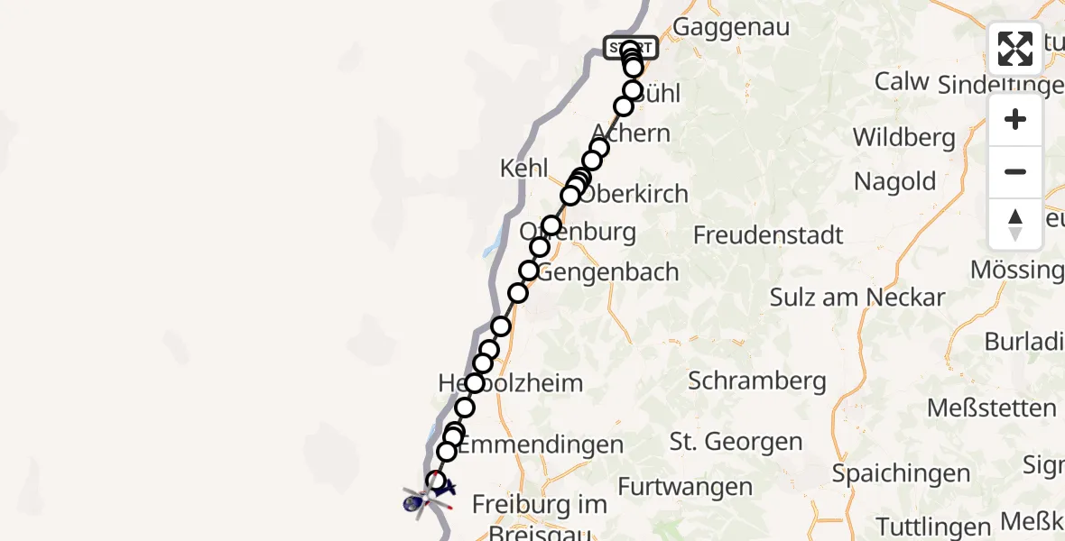 Flugroute Polizeihubschrauber Karlsruhe Baden-Baden Flughafen - Breisach am Rhein, 09 April 2026, 06:36