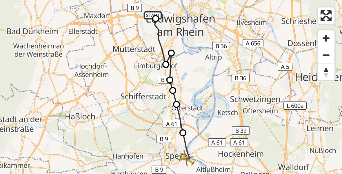 Flugroute Rettungshubschrauber Ludwigshafen Accident Hospital - Speyer, 09 April 2026, 06:44