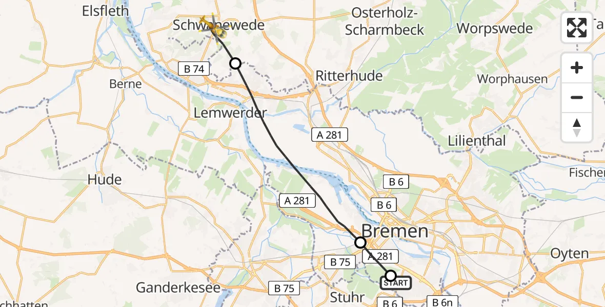 Flugroute Rettungshubschrauber Bremen - Schwanewede, 09 April 2026, 06:48