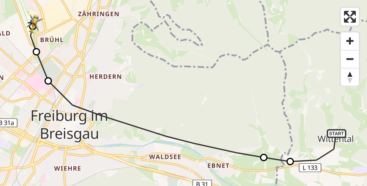 Flugroute Rettungshubschrauber Stegen - Freiburg im Breisgau Flugplatz, 09 April 2026, 06:50
