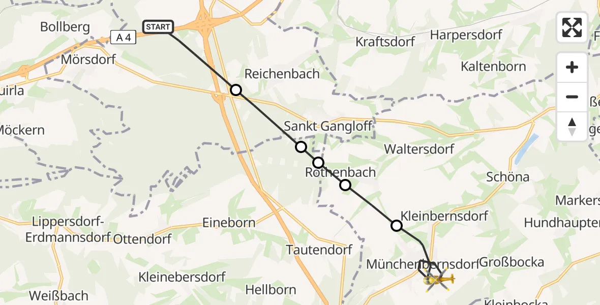 Flugroute Rettungshubschrauber Schleifreisen - Münchenbernsdorf, 09 April 2026, 06:56