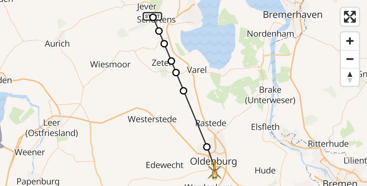 Flugroute Rettungshubschrauber Jever - Oldenburg (Oldb), 09 April 2026, 07:06
