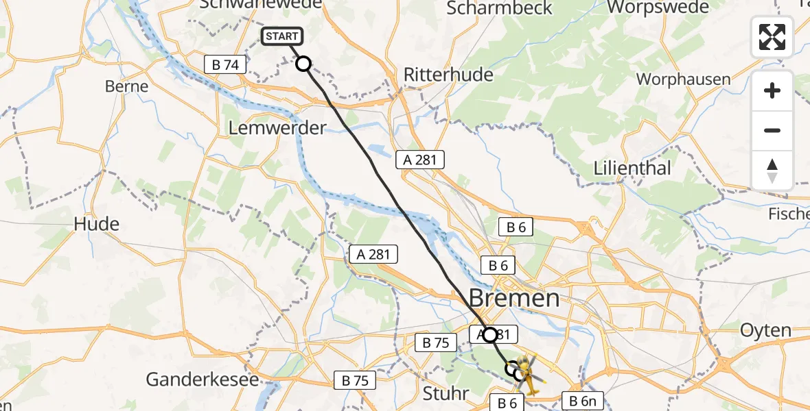 Flugroute Rettungshubschrauber Schwanewede - ADAC Air Rescue Station Bremen Hubschrauberlandeplatz (Christoph 6), 09 April 2026, 07:27