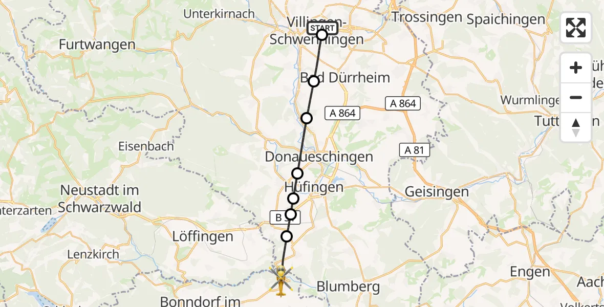 Flugroute Rettungshubschrauber DRF Air Rescue Station Villingen-Schwenningen Hubschrauberlandeplatz (Christoph 11) - Wutach, 09 April 2026, 07:32