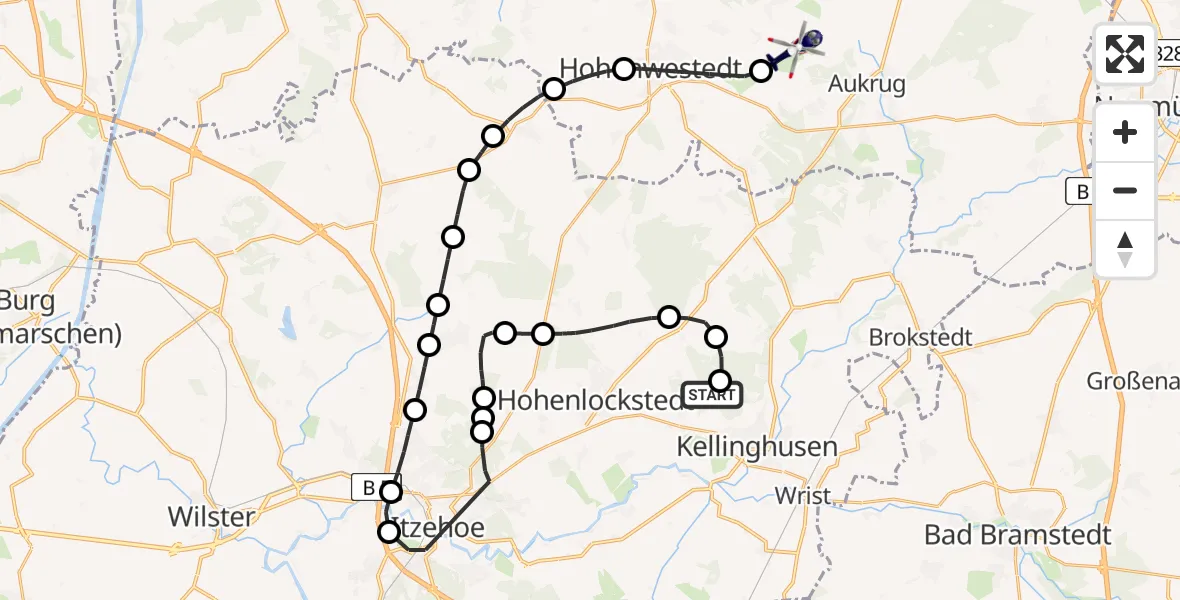 Flugroute Polizeihubschrauber Kellinghusen - Rade b.Hohenwestedt, 09 April 2026, 07:32