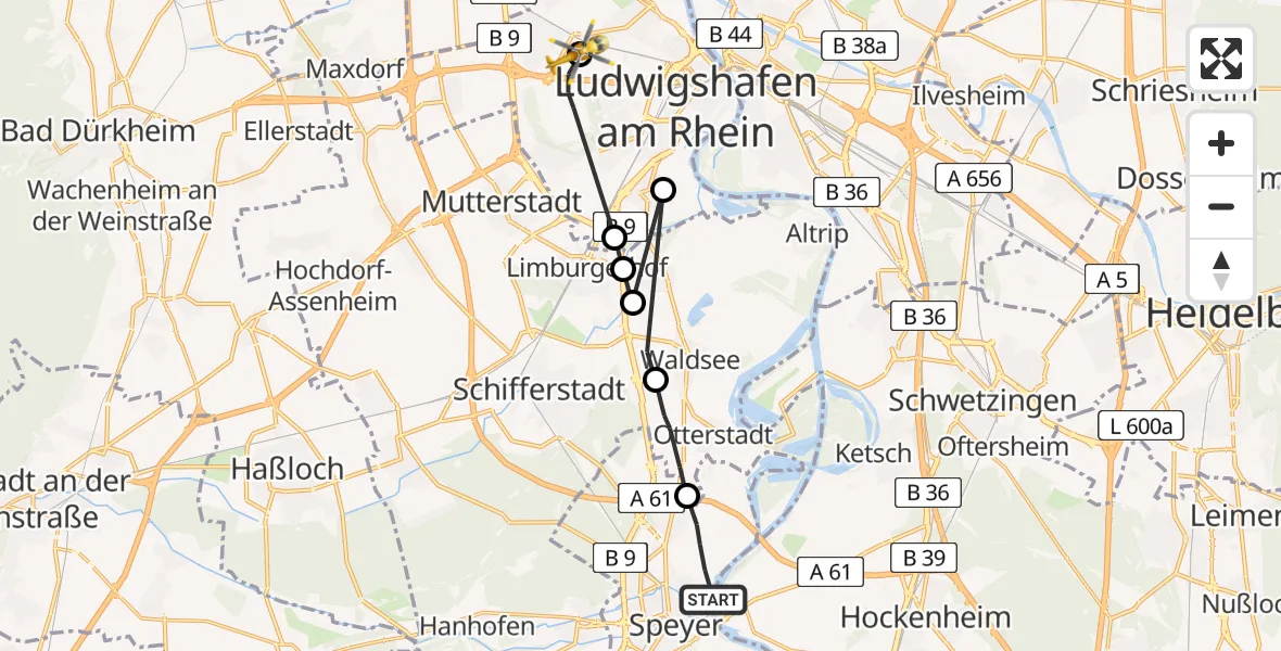 Flugroute Rettungshubschrauber Speyer - Ludwigshafen Accident Hospital, 09 April 2026, 07:46