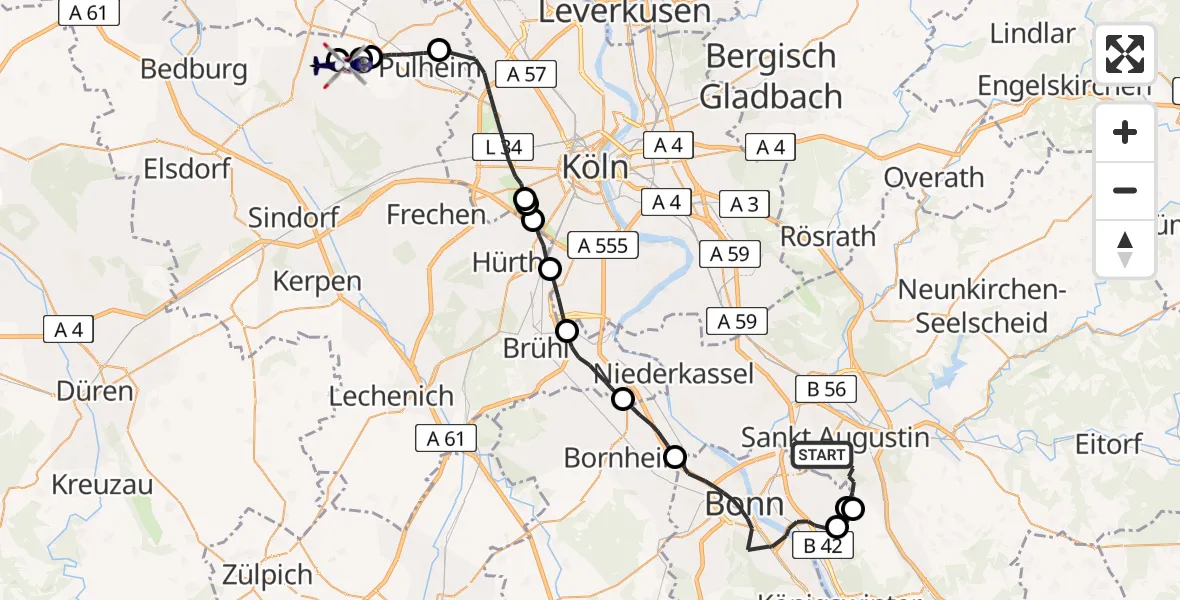 Flugroute Polizeihubschrauber Sankt Augustin - Bergheim, 09 April 2026, 07:52