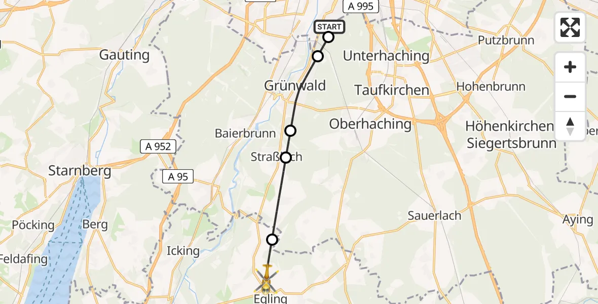Flugroute Rettungshubschrauber ADAC Air Rescue Center Hubschrauberlandeplatz (Christoph 1) - Egling, 09 April 2026, 07:57