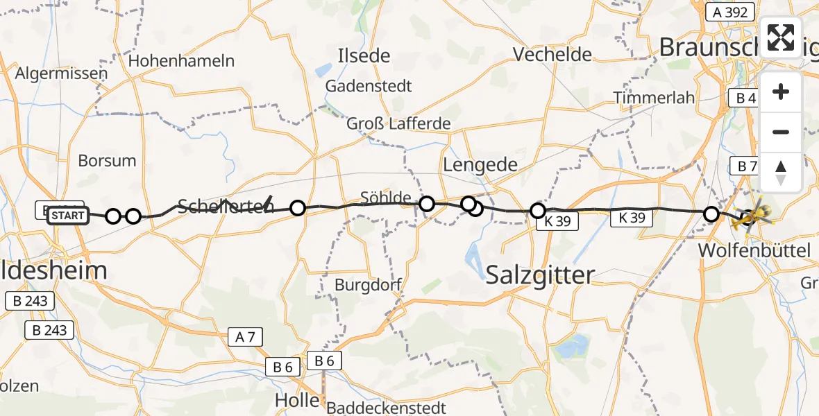 Flugroute Rettungshubschrauber Hildesheim - Wolfenbüttel Municipal Hospital Heliport (Christoph 30), 09 April 2026, 08:00