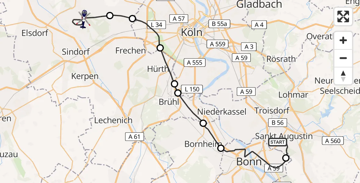 Flugroute Polizeihubschrauber Sankt Augustin - Bergheim, 09 April 2026, 08:07