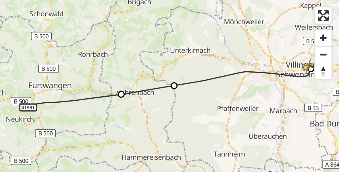 Flugroute Rettungshubschrauber Furtwangen im Schwarzwald - DRF Air Rescue Station Villingen-Schwenningen Hubschrauberlandeplatz (Christoph 11), 09 April 2026, 08:14