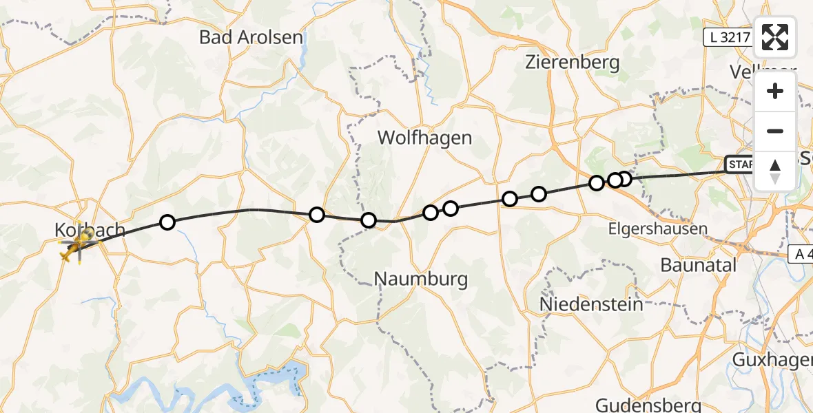 Flugroute Rettungshubschrauber Kassel - Korbach, 09 April 2026, 08:21