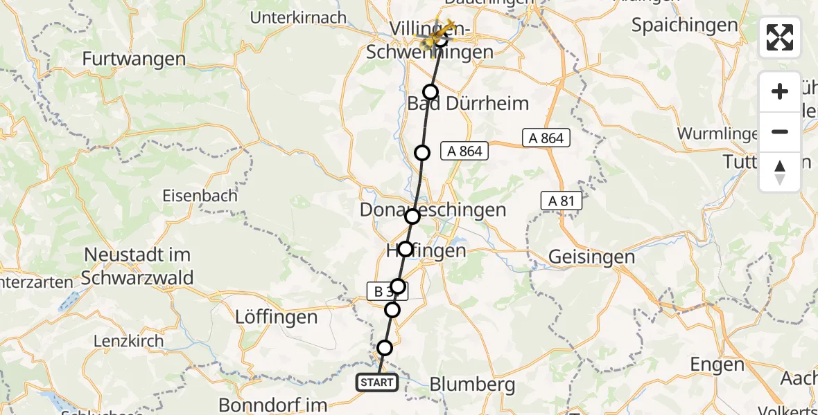 Flugroute Rettungshubschrauber Wutach - DRF Air Rescue Station Villingen-Schwenningen Hubschrauberlandeplatz (Christoph 11), 09 April 2026, 08:31