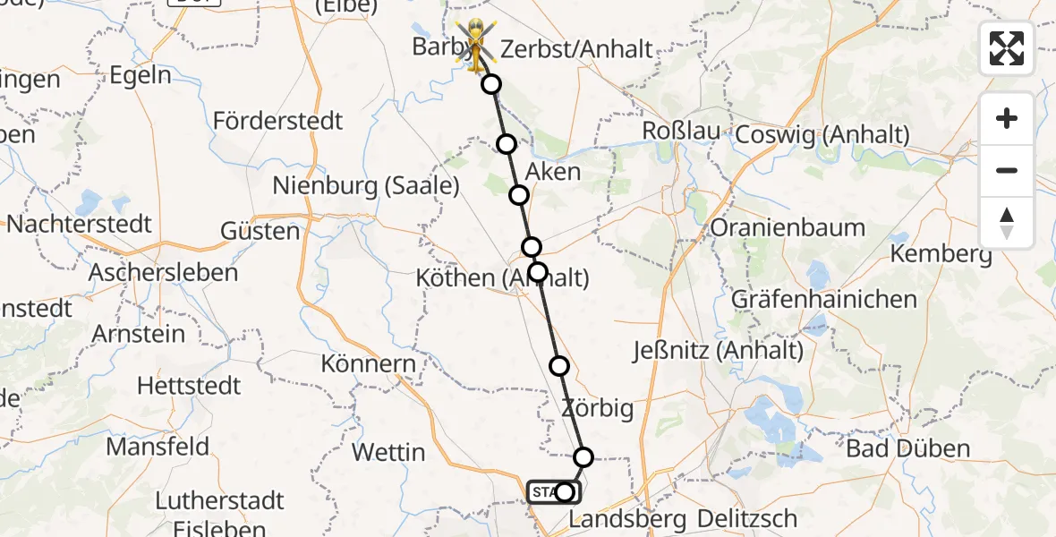 Flugroute Ambulanzhubschrauber Halle-Oppin Flugplatz - Zerbst/Anhalt, 09 April 2026, 08:40