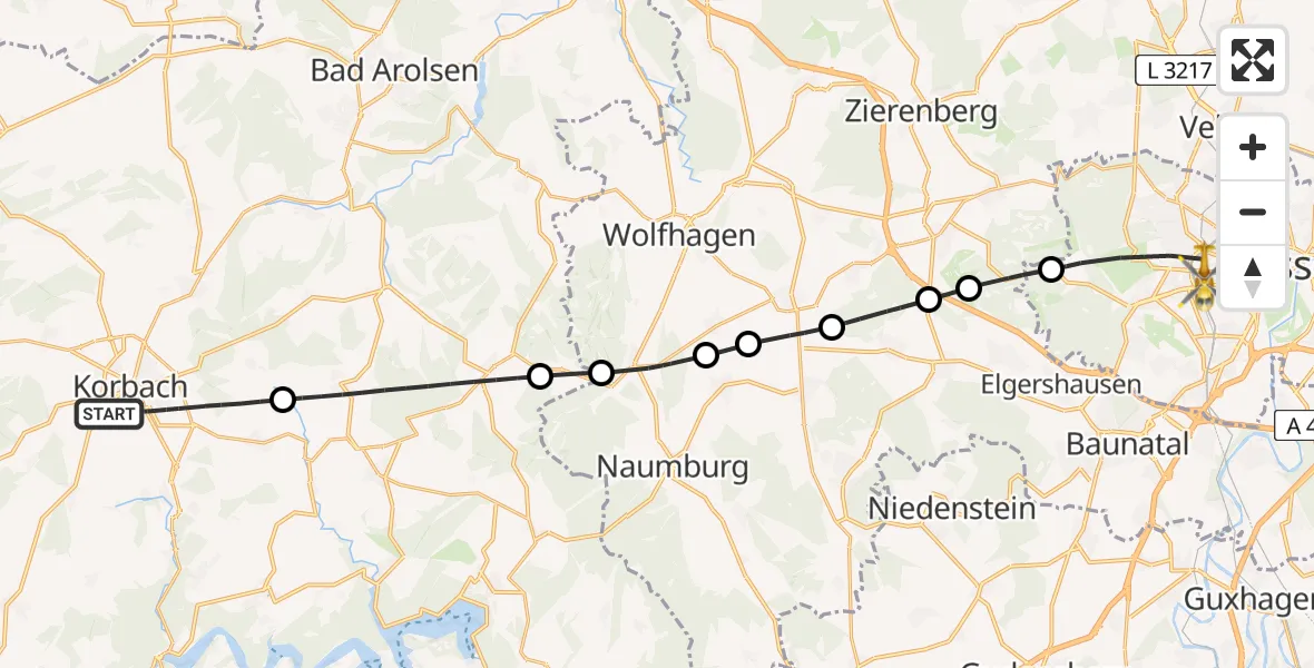 Flugroute Rettungshubschrauber Korbach - Kassel, 09 April 2026, 08:52