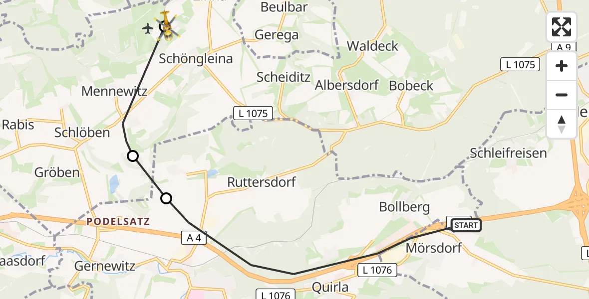 Flugroute Rettungshubschrauber Stadtroda - Jena-Schöngleina Flugplatz, 09 April 2026, 08:57