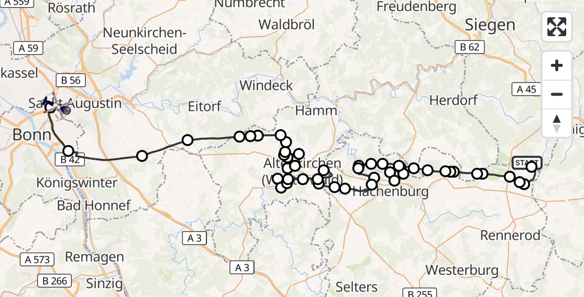 Flugroute Polizeihubschrauber Siegerland Flughafen - Sankt Augustin, 09 April 2026, 09:03