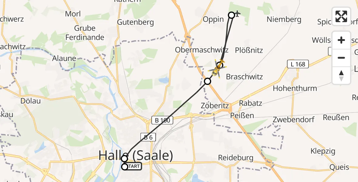 Flugroute Rettungshubschrauber Sankt Elisabeth and Sankt Barbara Hospital Halle (Saale) - Landsberg, 09 April 2026, 09:04