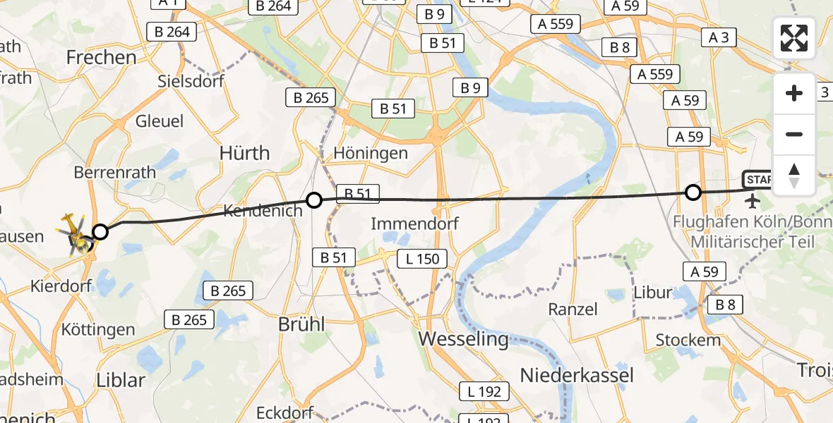 Flugroute Rettungshubschrauber Köln Bonn Flughafen - Kerpen, 09 April 2026, 09:07