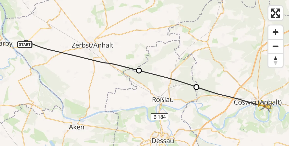 Flugroute Ambulanzhubschrauber Zerbst/Anhalt - MediClin Heart Center Coswig Hubschrauberlandeplatz, 09 April 2026, 09:08
